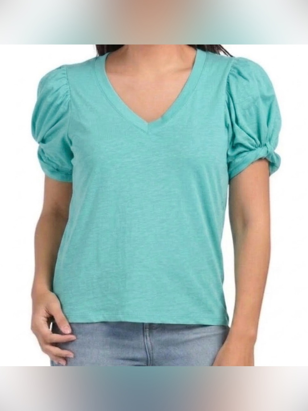 7 For All Mankind V-Neck Puff Twist Sleeve T-Shirt